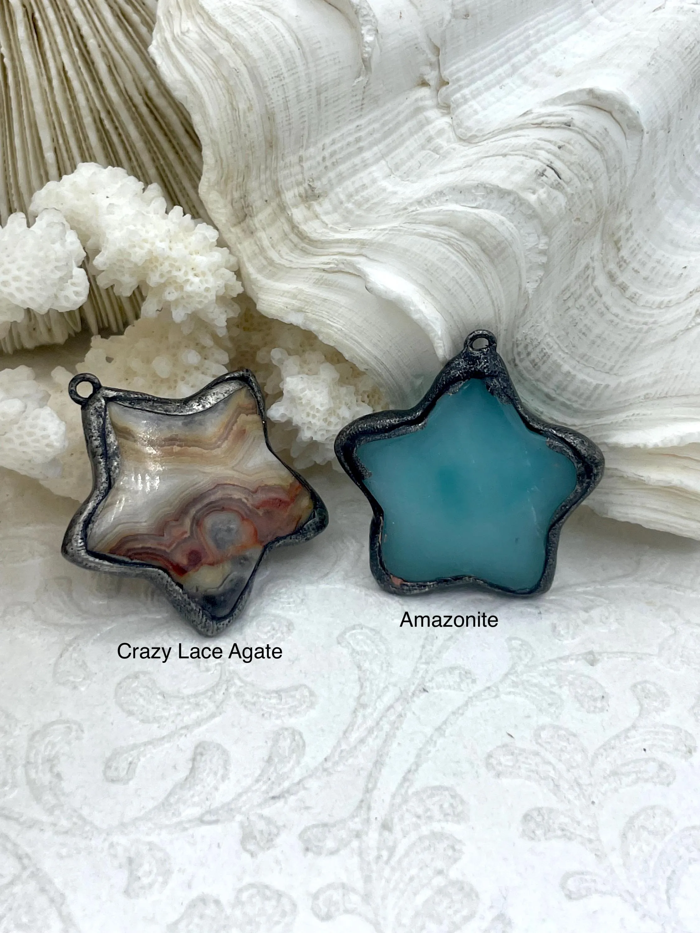 Soldered Natural Stone Pendants, Star Shaped Stone Pendants with Gunmetal Soldering, Crazy Lace Agate or Amazonite Natural Stone. Fast Ship.