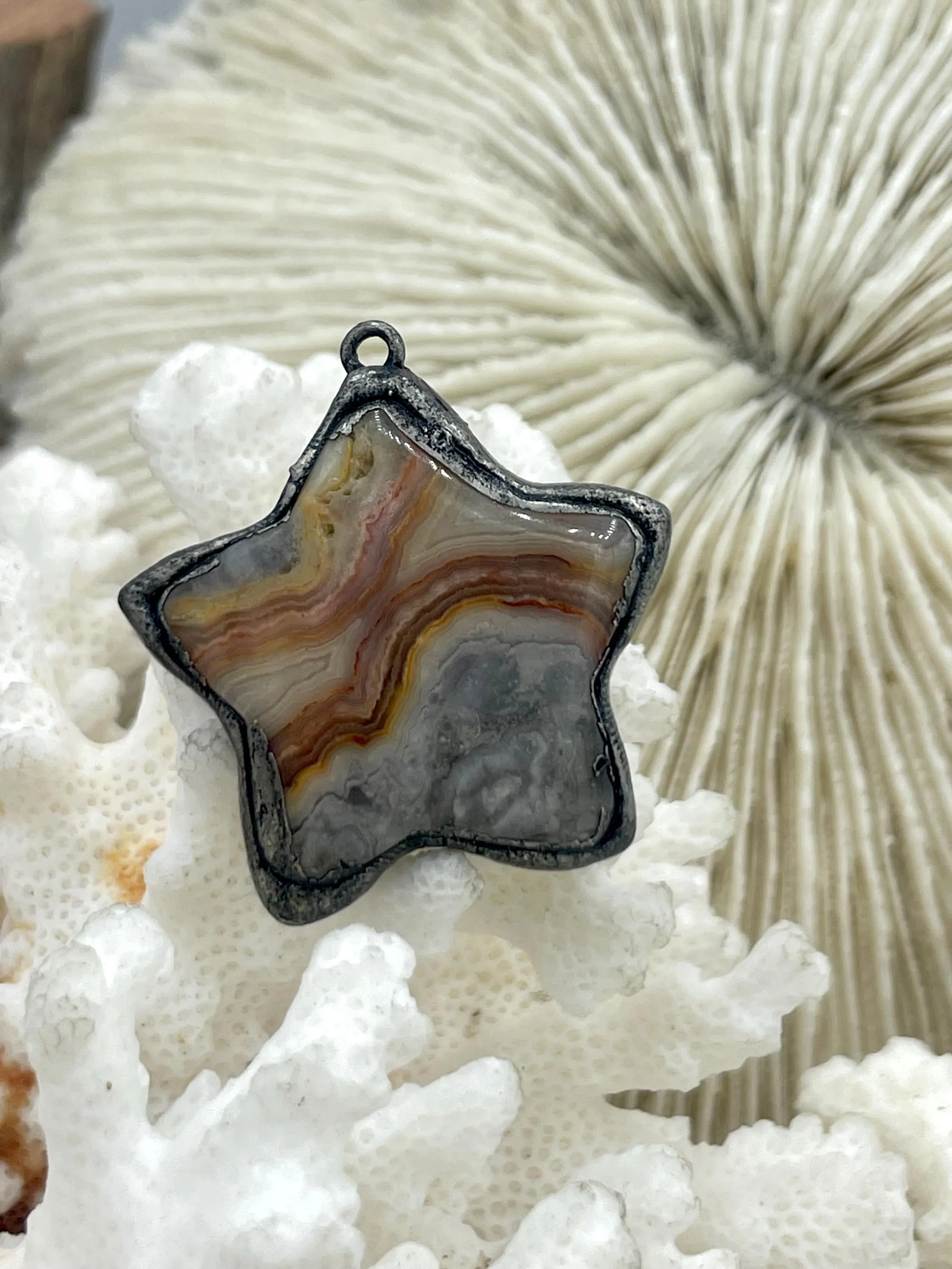 Soldered Natural Stone Pendants, Star Shaped Stone Pendants with Gunmetal Soldering, Crazy Lace Agate or Amazonite Natural Stone. Fast Ship.