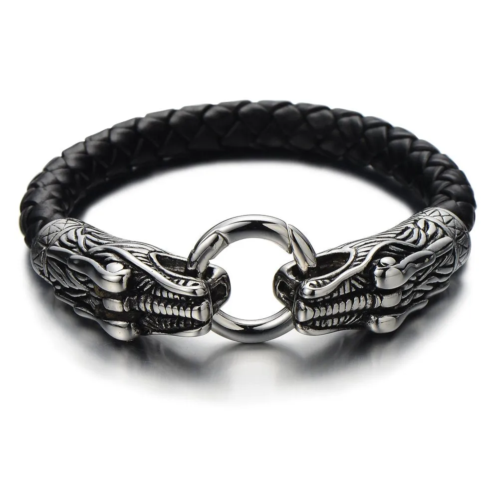 Stainless Steel Mens Dragon Bangle Bracelet Genuine Braided Leather Wristband Silver Black Two-Tone