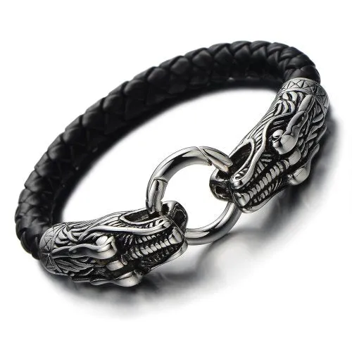 Stainless Steel Mens Dragon Bangle Bracelet Genuine Braided Leather Wristband Silver Black Two-Tone