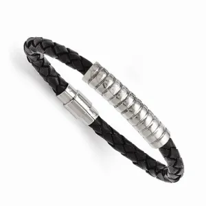 Stainless Steel Polished Design and Black Woven Leather Bracelet