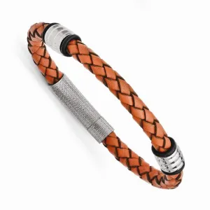 Stainless Steel Polished Orange Leather Bracelet