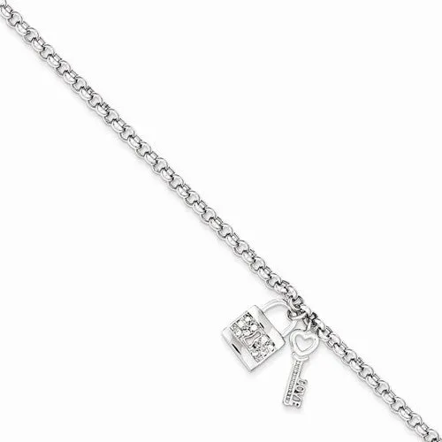 Sterling Silver Cz Lock & Key Dangle Rolo Bracelet