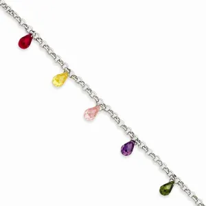 Sterling Silver Polished Dangling Multi-Colored Cz Bracelet