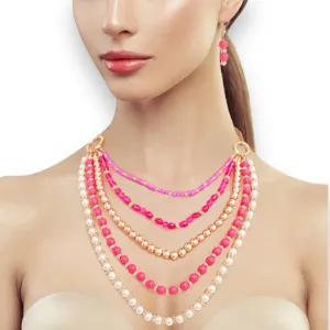 Stylish Multicolor Bead and Faux Pearl Layered Necklace Set