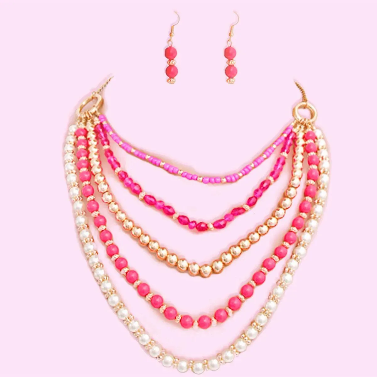 Stylish Multicolor Bead and Faux Pearl Layered Necklace Set