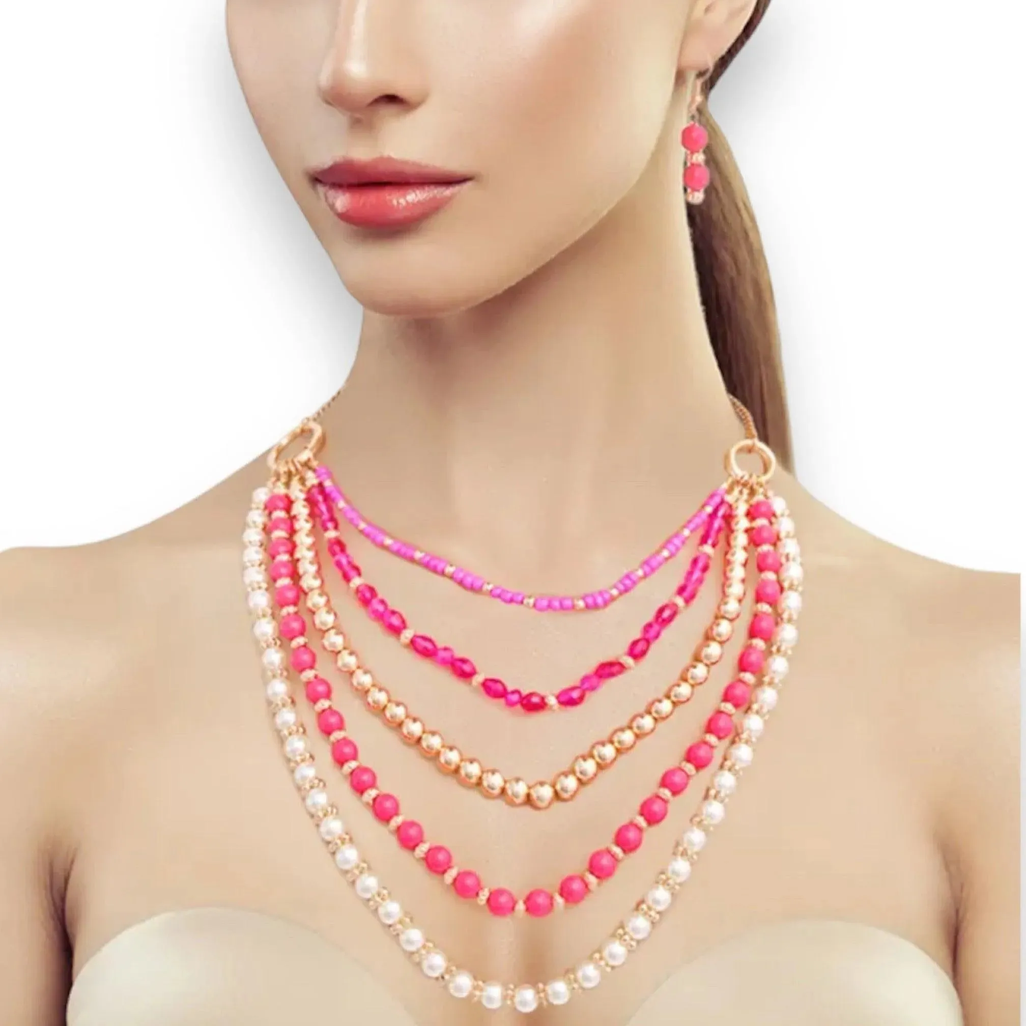 Stylish Multicolor Bead and Faux Pearl Layered Necklace Set