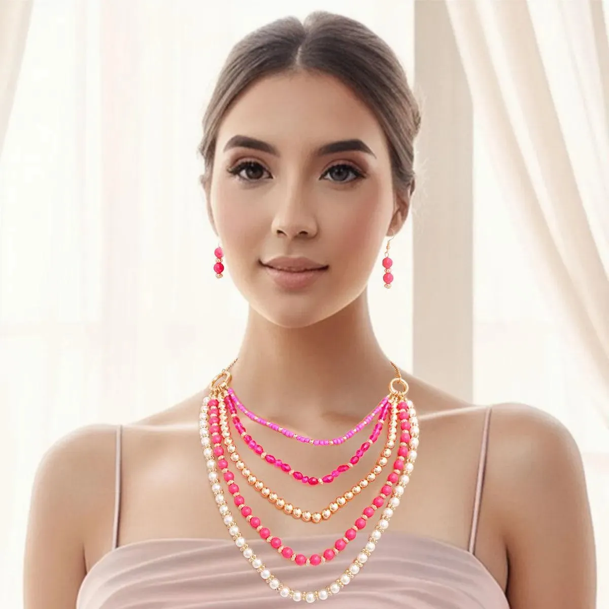 Stylish Multicolor Bead and Faux Pearl Layered Necklace Set