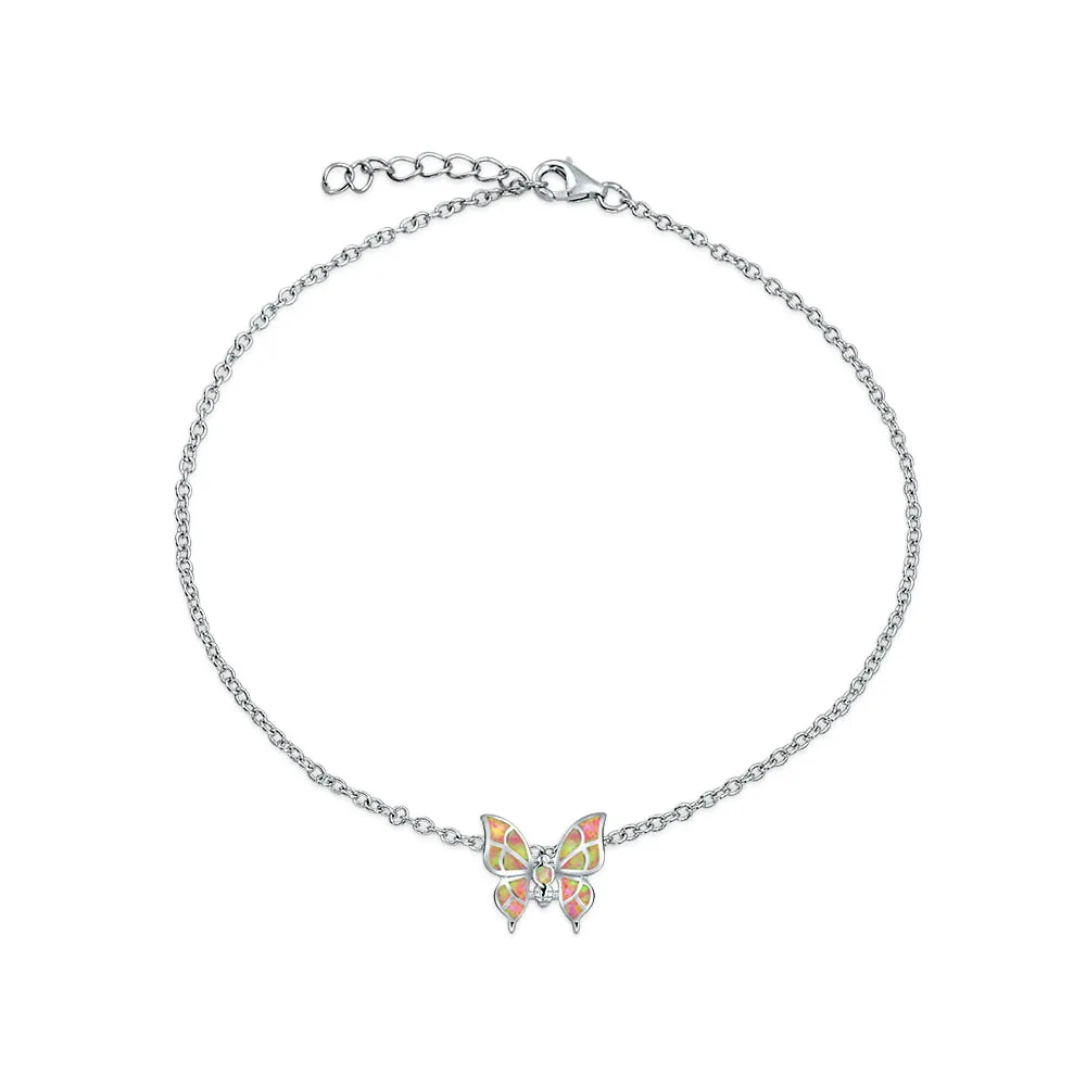 Summer Garden Opalescent Butterfly Pink Opal Anklet Ankle Bracelet Sterling Silver