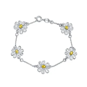 Summer Two Tone Chain Link Bracelet with Sunflower Daisy Charm 14K Gold Plated Silver