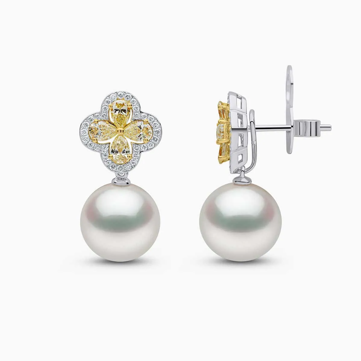 Sunrise 18k Gold South Sea Pearl Clover Motif Diamond Earrings