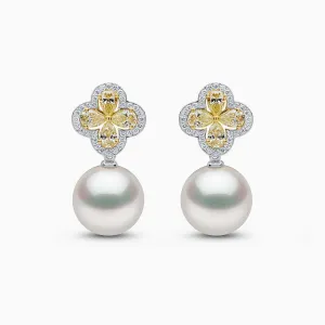 Sunrise 18k Gold South Sea Pearl Clover Motif Diamond Earrings