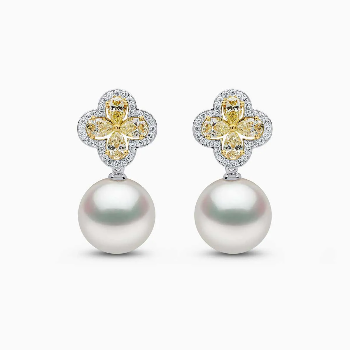 Sunrise 18k Gold South Sea Pearl Clover Motif Diamond Earrings