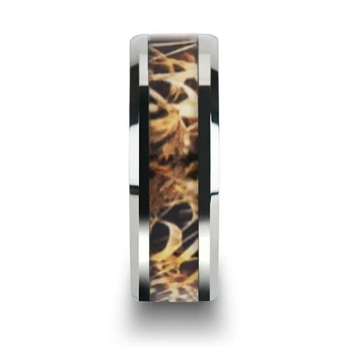 TERRA Tungsten Carbide Band with Leaves Grassland Camo Inlay - 8mm