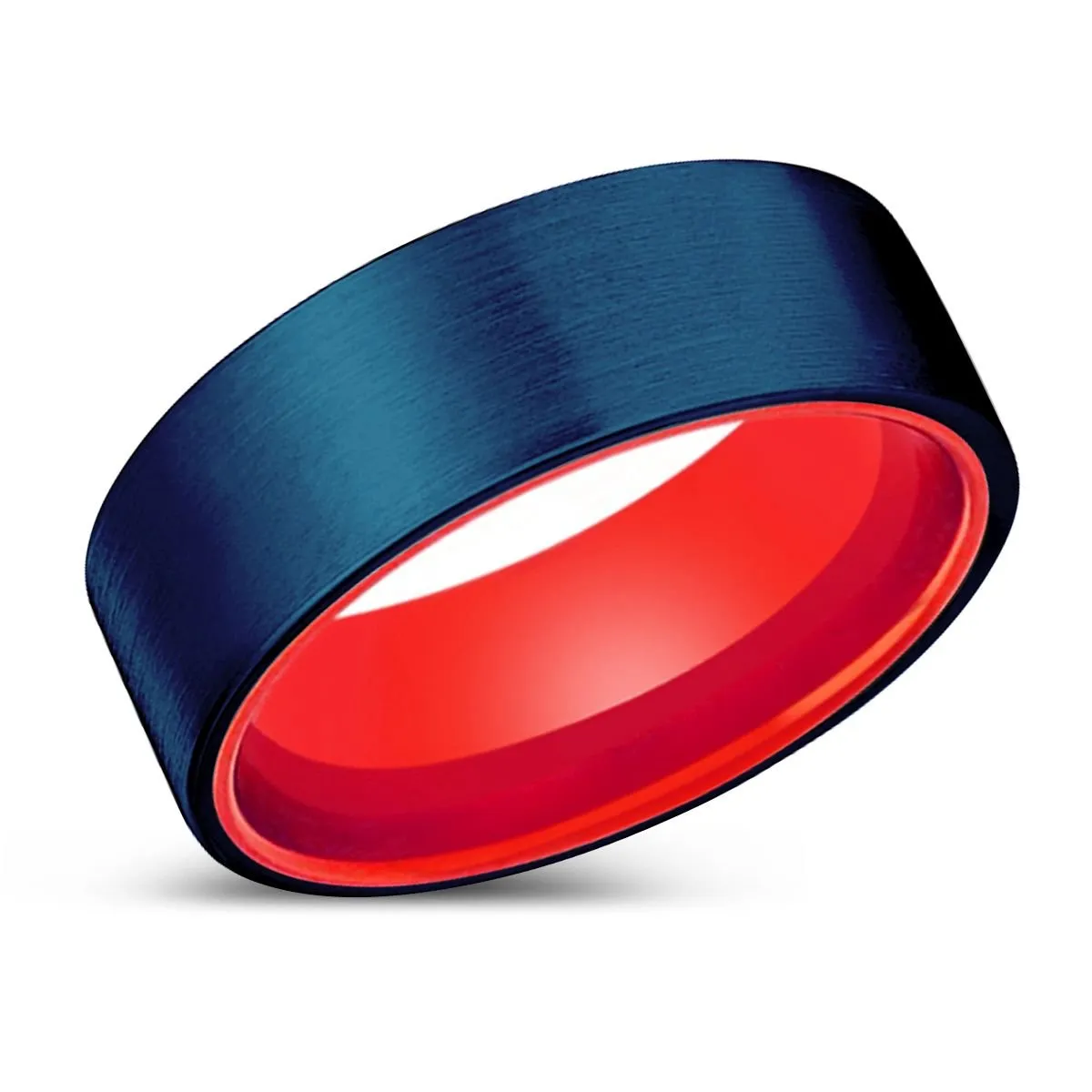 THEO | Red Ring, Blue Tungsten Ring, Brushed, Flat