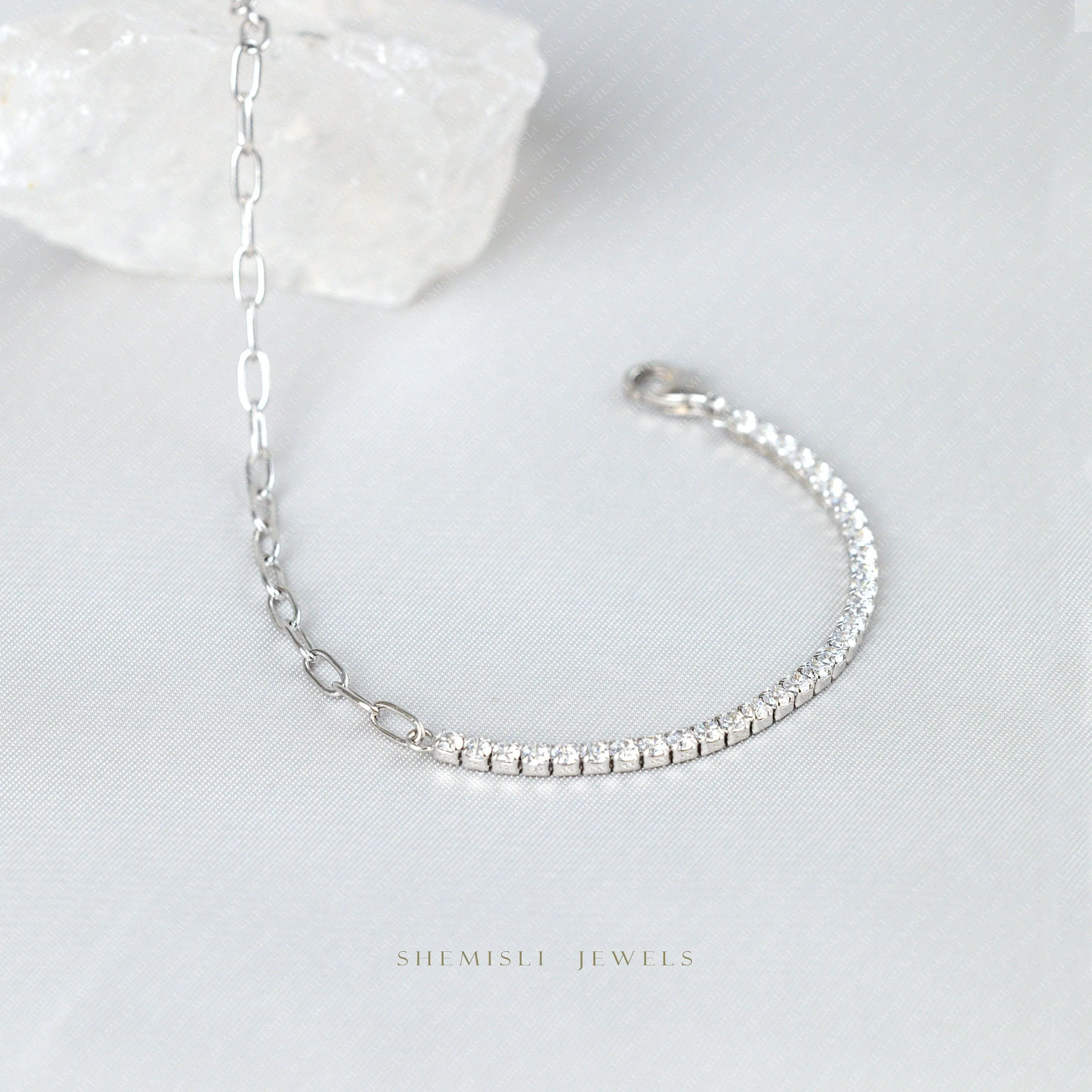 Tiny Paper Clip Chain and Gem Links Bracelet, Silver or Gold Plated (6.25"   1.25") SHEMISLI - SB005