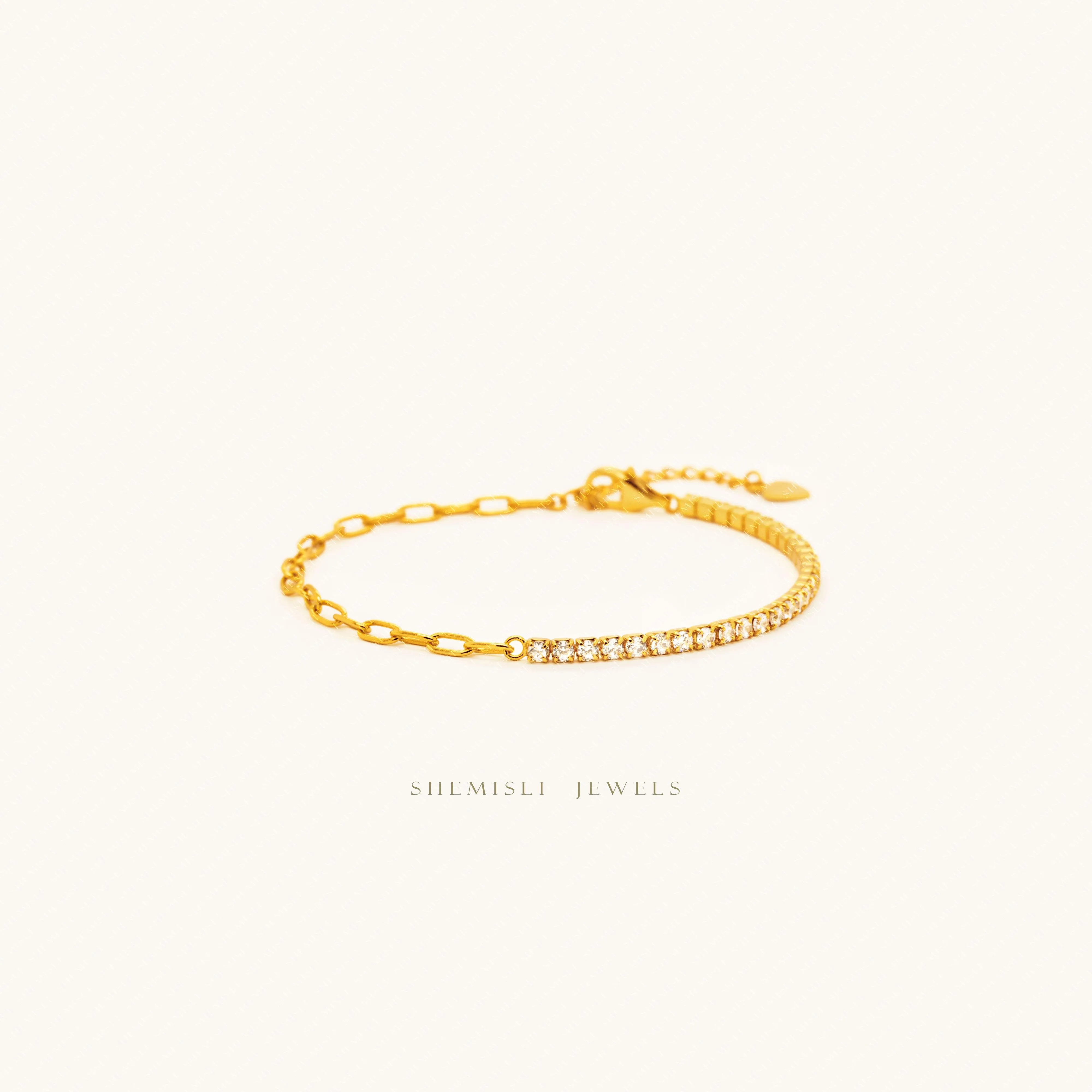 Tiny Paper Clip Chain and Gem Links Bracelet, Silver or Gold Plated (6.25"   1.25") SHEMISLI - SB005