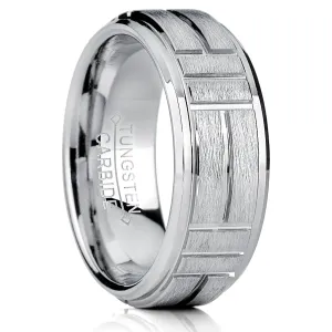 Tungsten Carbide Men's Textured Brushed Grooved Wedding Band Ring, Comfort Fit 8mm