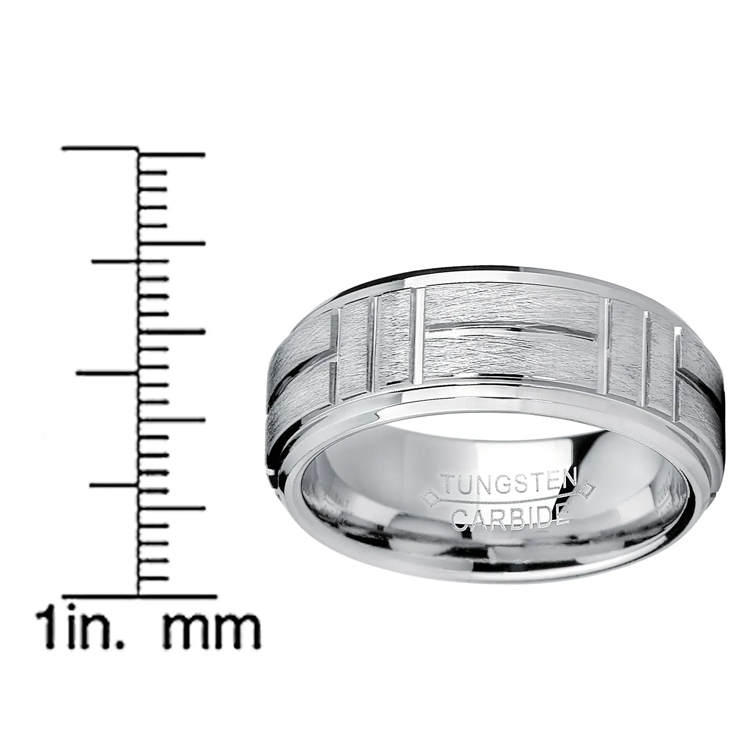 Tungsten Carbide Men's Textured Brushed Grooved Wedding Band Ring, Comfort Fit 8mm