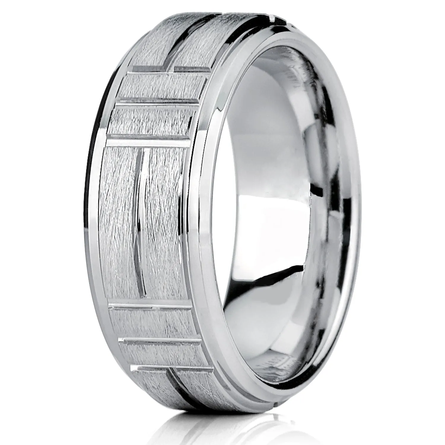 Tungsten Carbide Men's Textured Brushed Grooved Wedding Band Ring, Comfort Fit 8mm