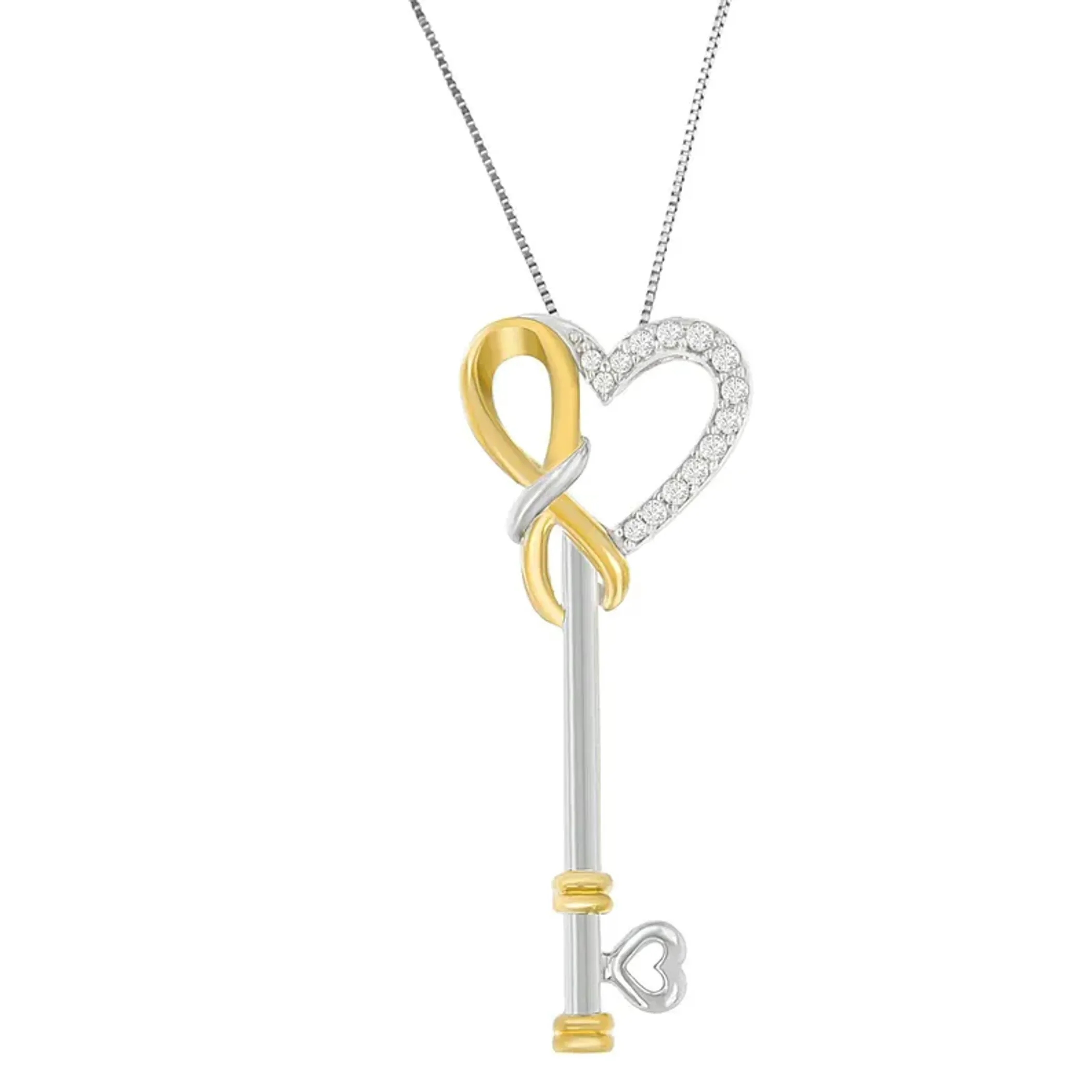 Two-Tone Sterling Silver Diamond Heart and Key Pendant Necklace (0.10 cttw, H-I Color, I1-I2 Clarity)