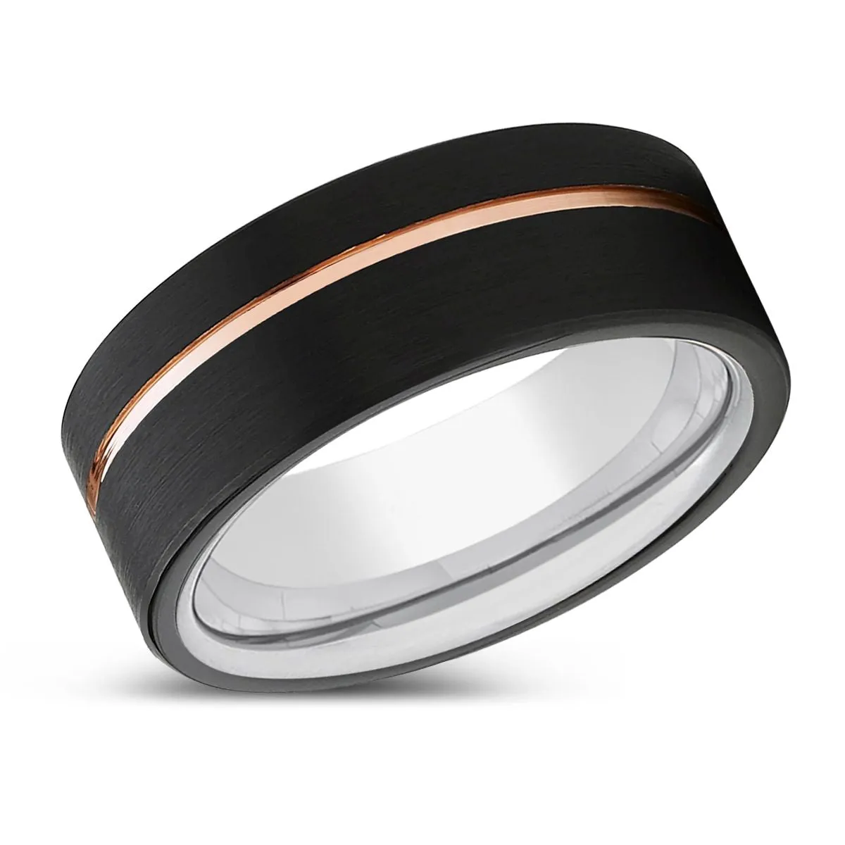 VOYAGE | Silver Ring, Black Tungsten Ring, Rose Gold Offset Groove, Brushed, Flat