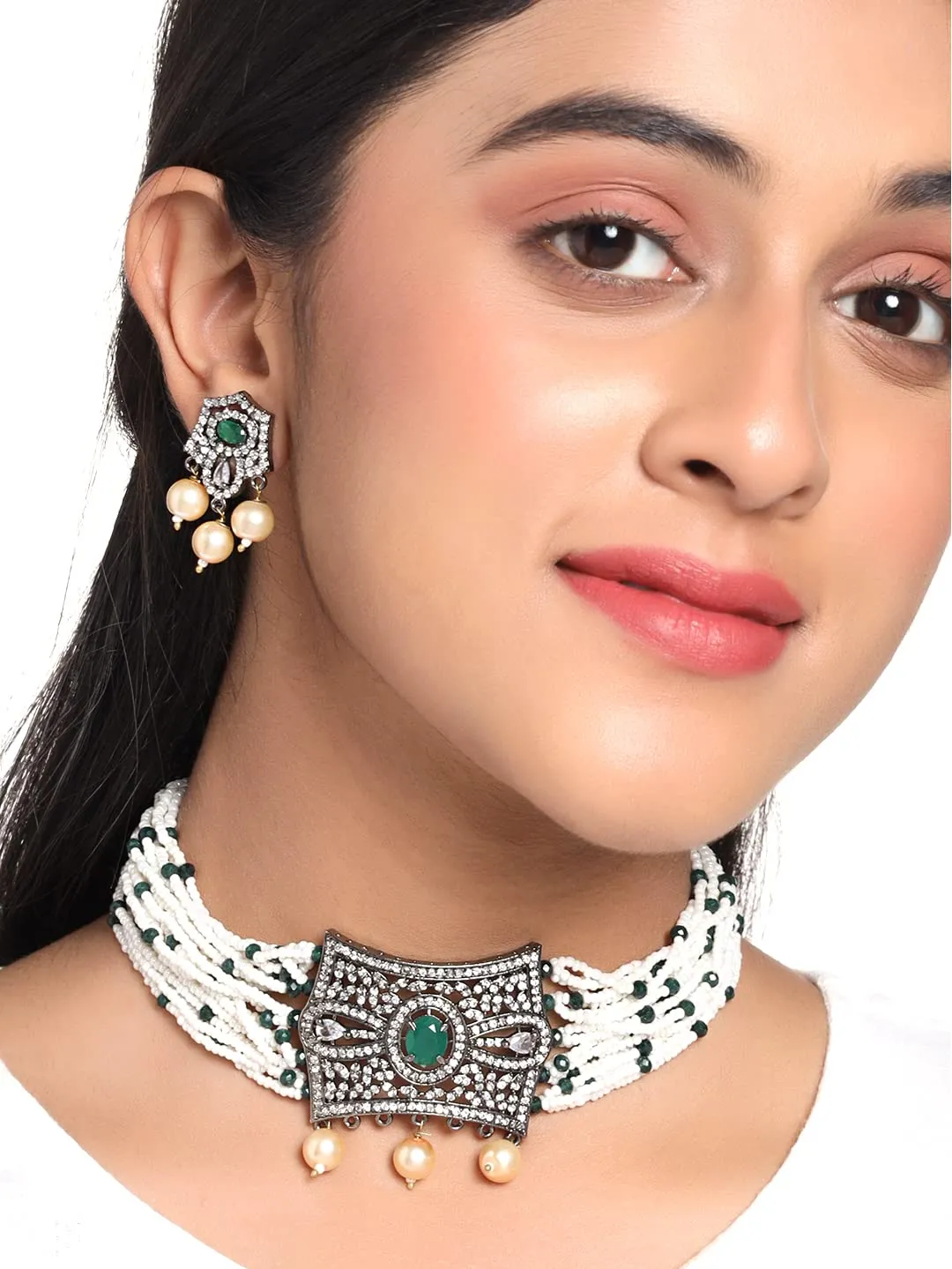 Yellow Chimes Ethnic Jewellary Set for Women Green and White Stone studded Chokker Necklace With Earings Jewellary Set for Women And Girls